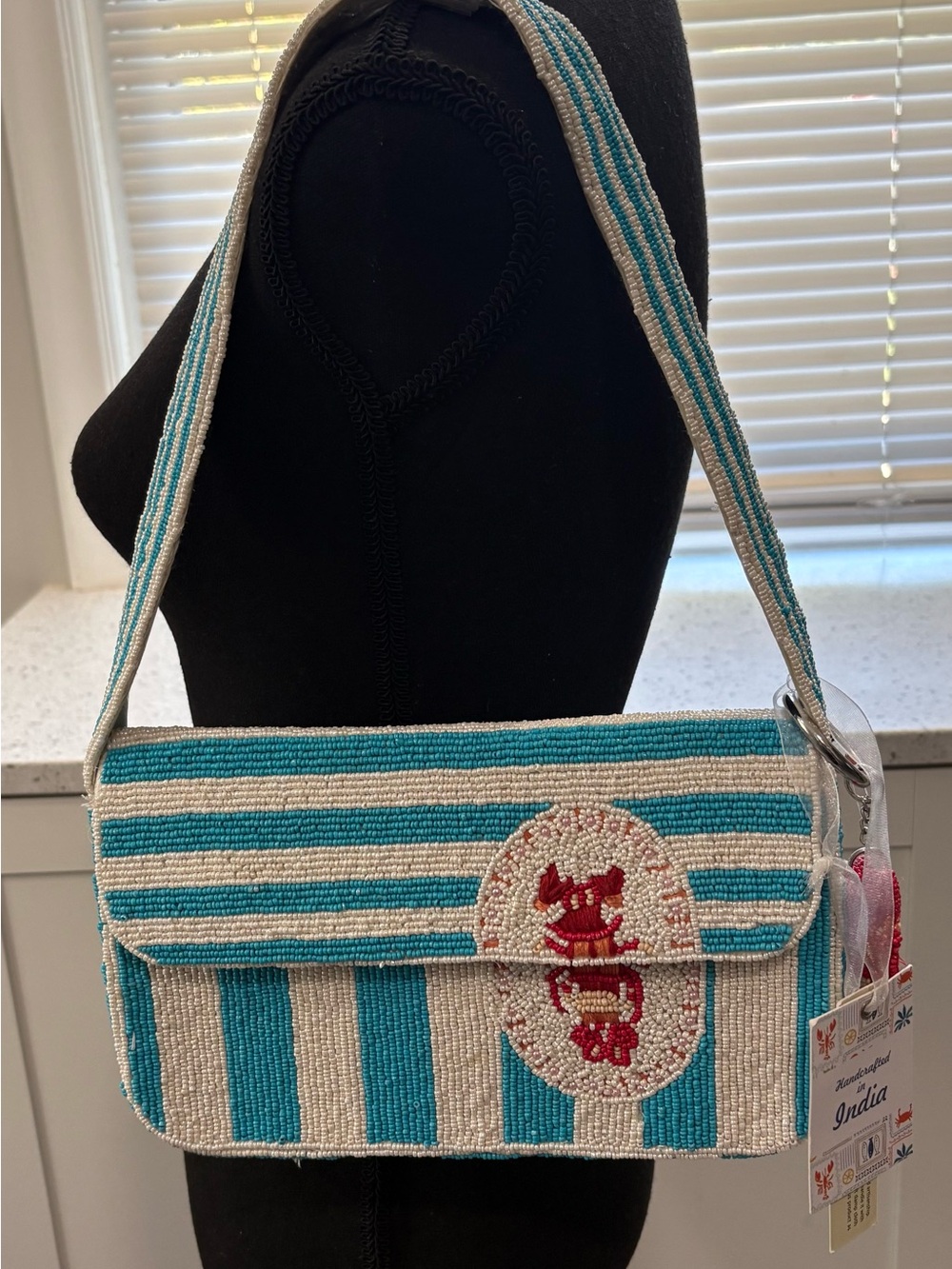 New with tag Made In India Beaded Lobster shoulder bag with matching bag charm